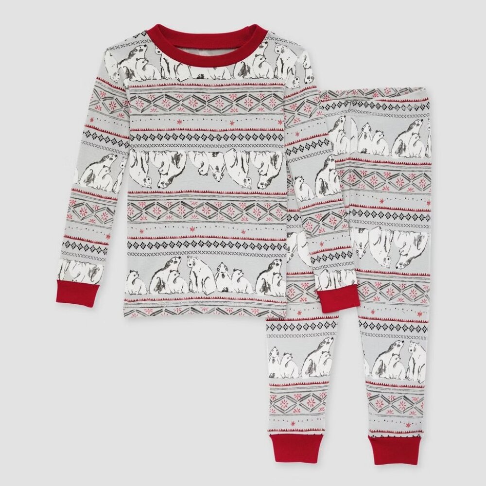 NEW! Burt's Bees Baby Kids' 2pc Christmas Snug Fit Pajama Set - Light Gray